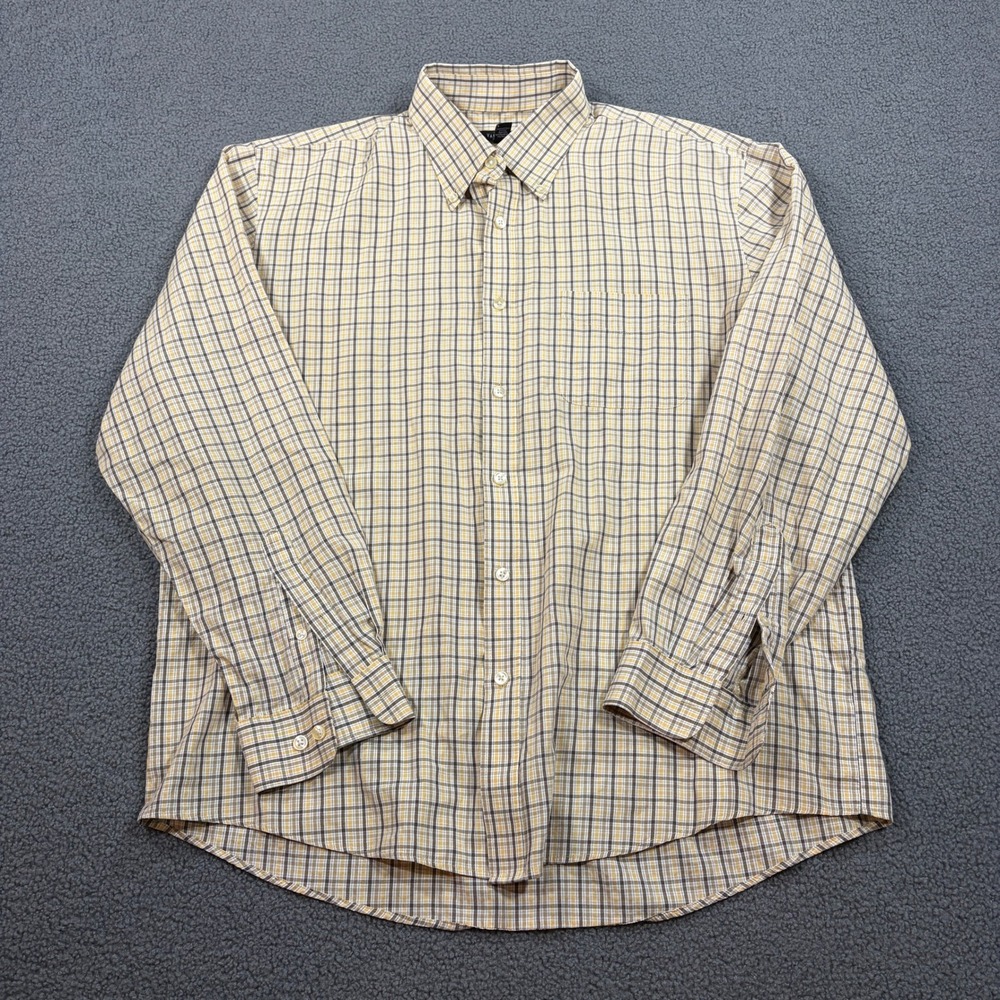 Van Heusen Shirt Mens L Yellow Brown Plaid Button Down Long Sleeve Cotton Blend